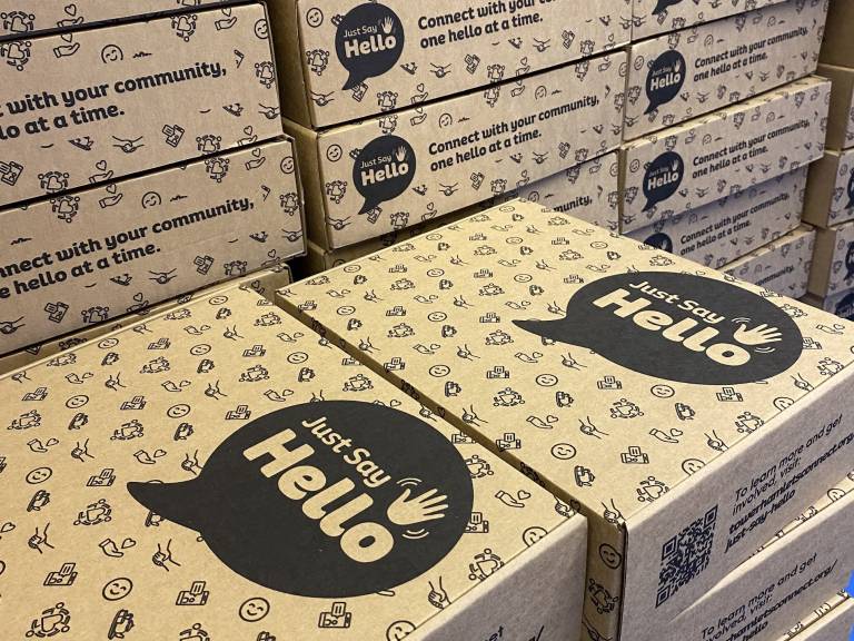 A stack of Just Say Hello 'Coffee Morning in a Box' Kits