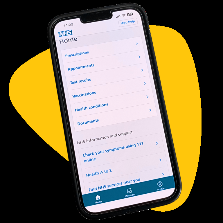 Image of a mobile phone showing the NHS App